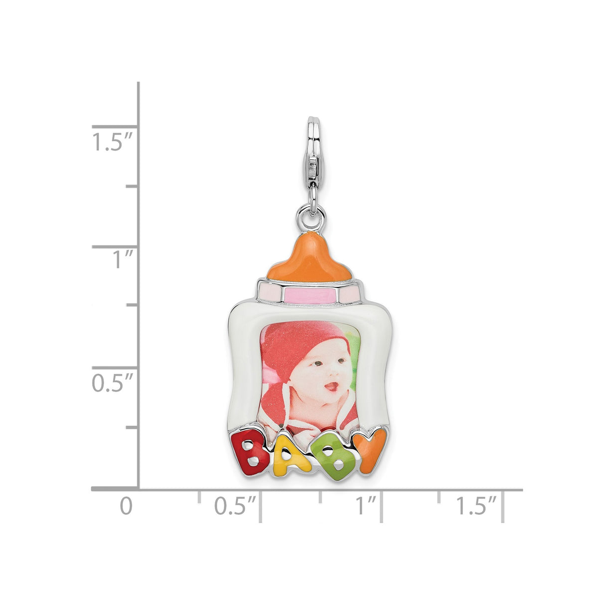 Sterling Silver Baby Bottle Charm with Enamel Letters and Photo Insert, Symbol of Motherhood