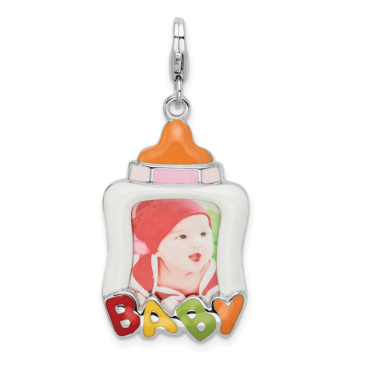 Sterling Silver Baby Bottle Charm with Enamel Letters and Photo Insert, Symbol of Motherhood