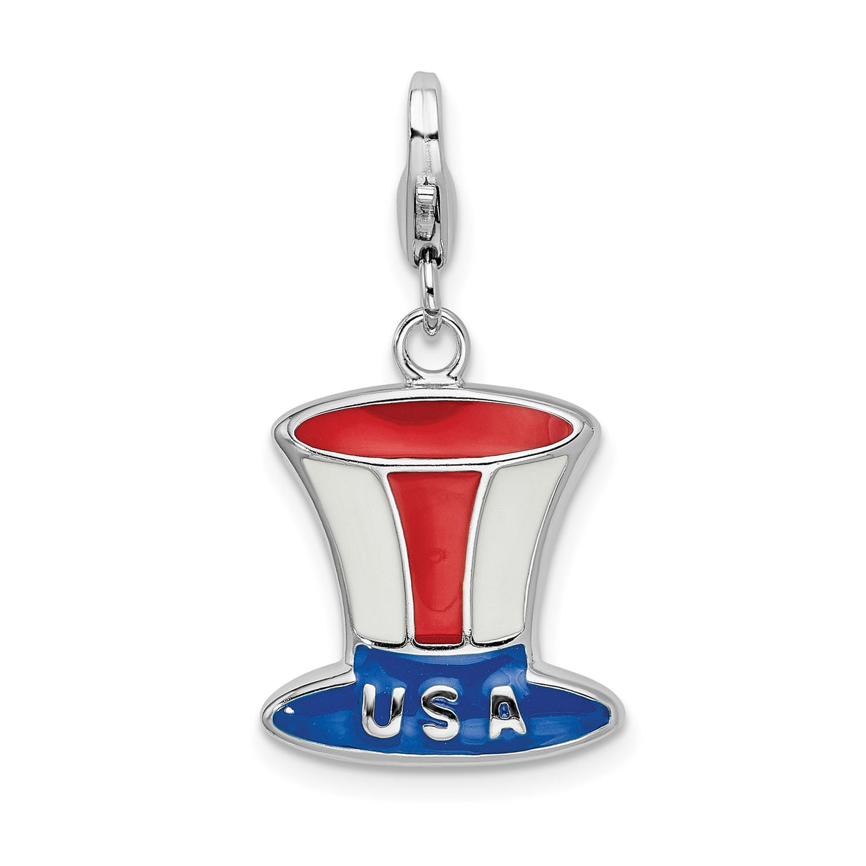Sterling Silver Patriotic Hat Charm Pendant, Red White and Blue Enamel USA Top Hat Theme