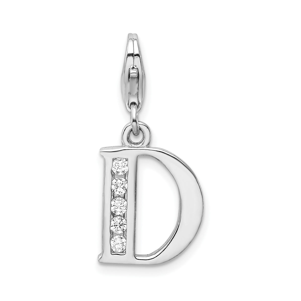 Sterling Silver Letter D Pendant Charm with Cubic Zirconia, Polished Finish