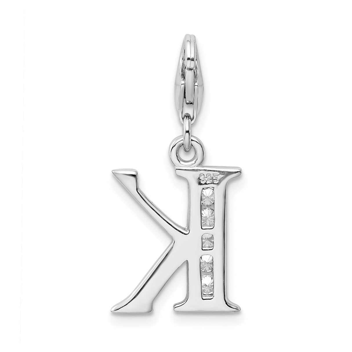 Sterling Silver Letter K Charm Pendant with Cubic Zirconia Accents, Script Initial Design, Lobster Clasp