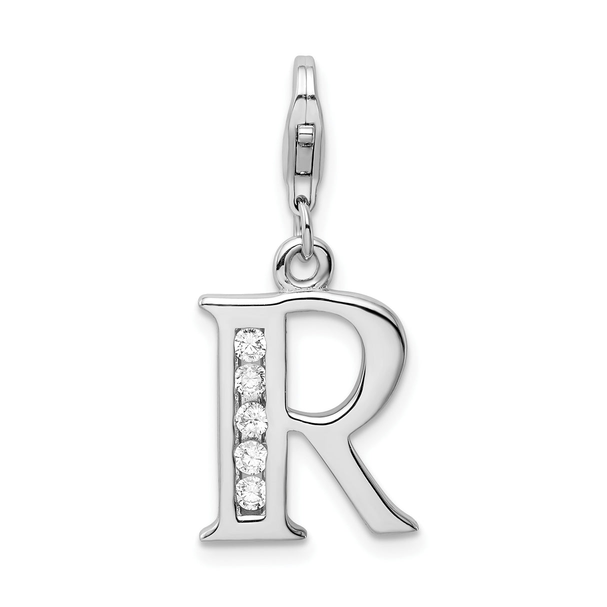 Sterling Silver Letter R Pendant with Cubic Zirconia Inlay, Alphabet Charm Jewelry