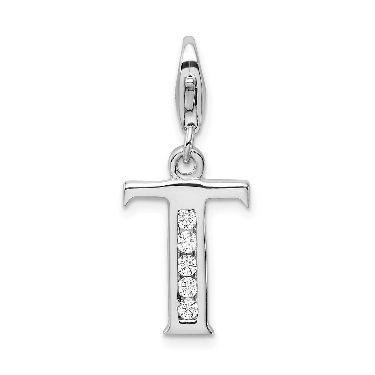 Sterling Silver T Initial Pendant Charm with Cubic Zirconia, Script Letter Design