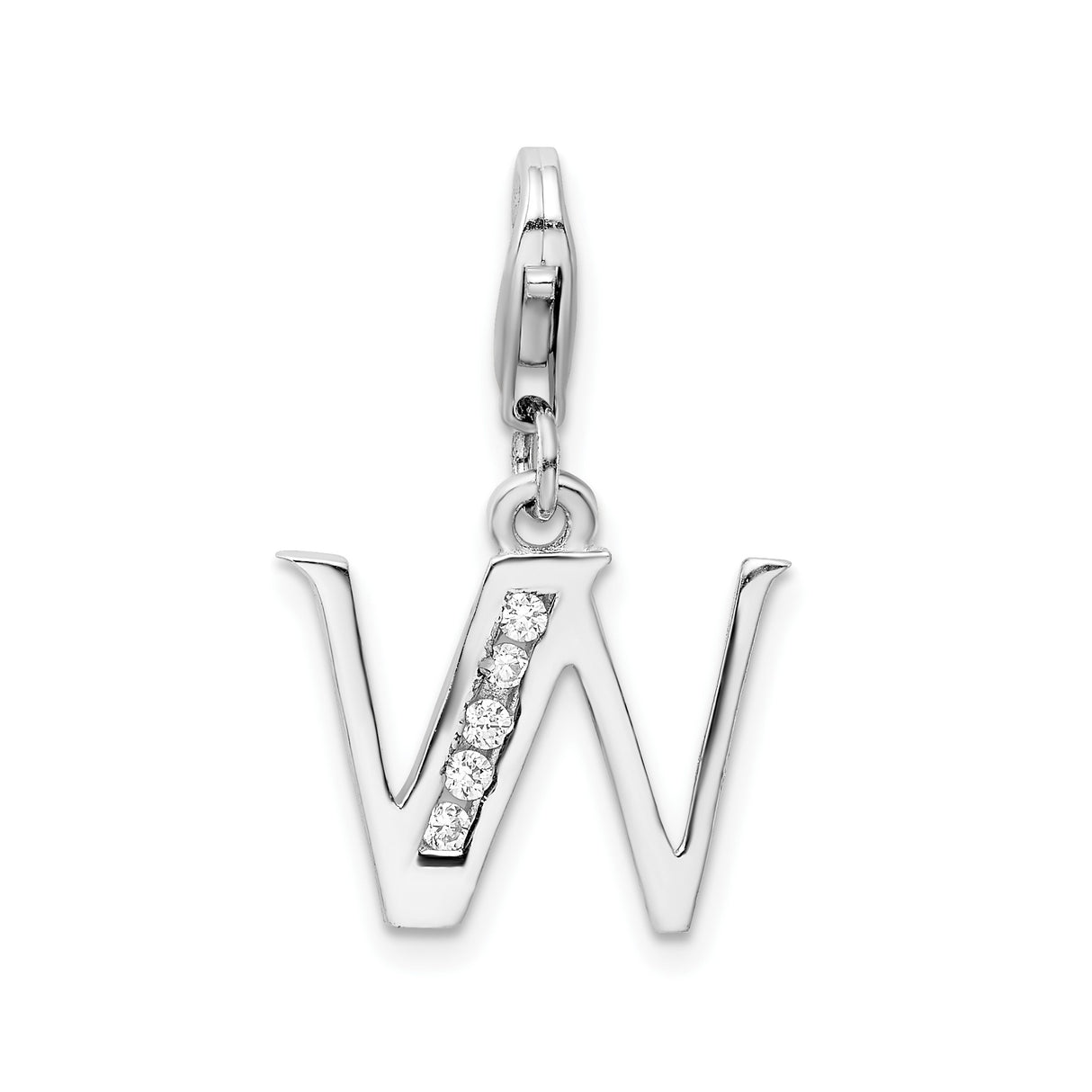 Sterling Silver Letter W Pendant with Cubic Zirconia Accents, Polished Alphabet Charm
