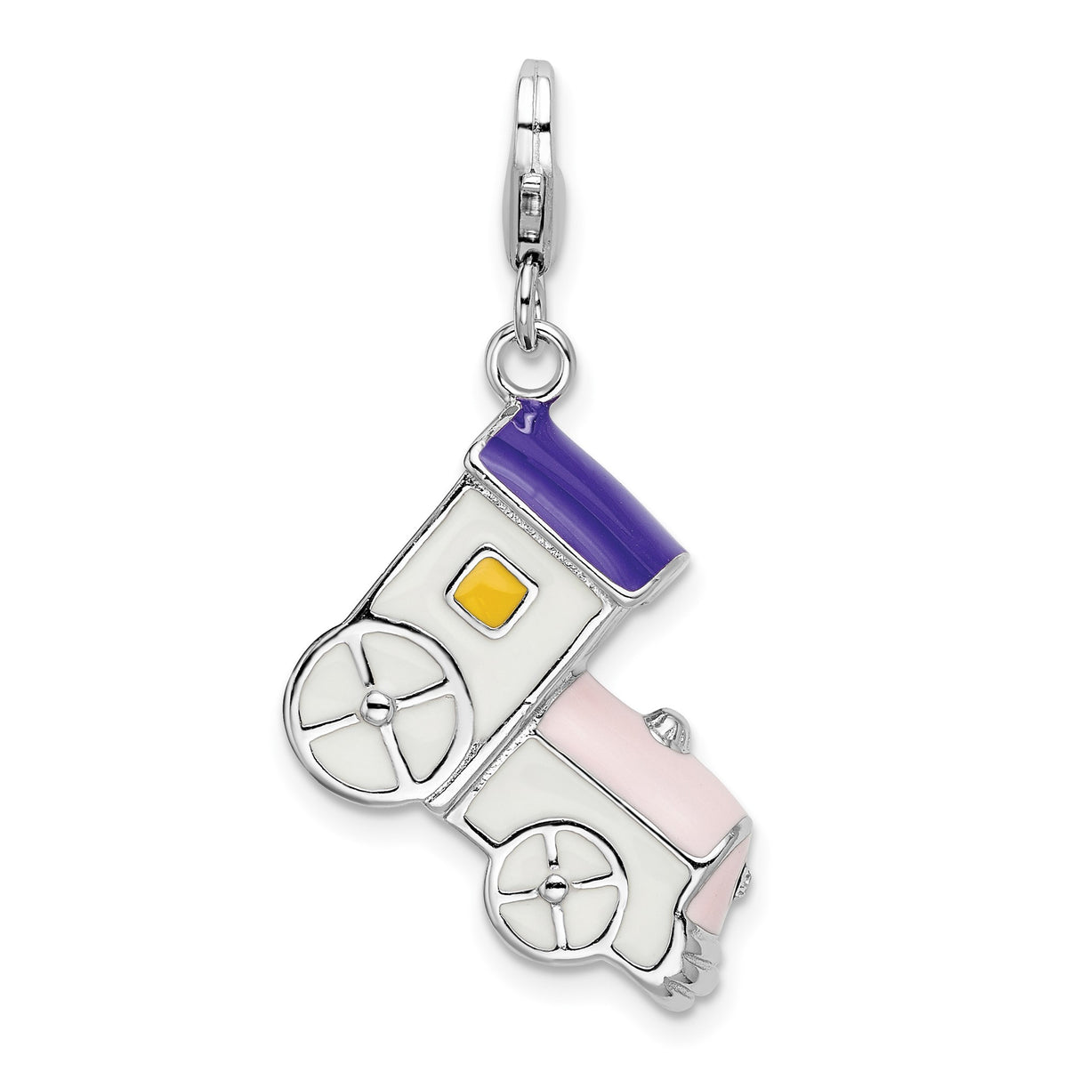 Sterling Silver Train Charm Pendant with Pink, Purple, and Yellow Enamel Accents
