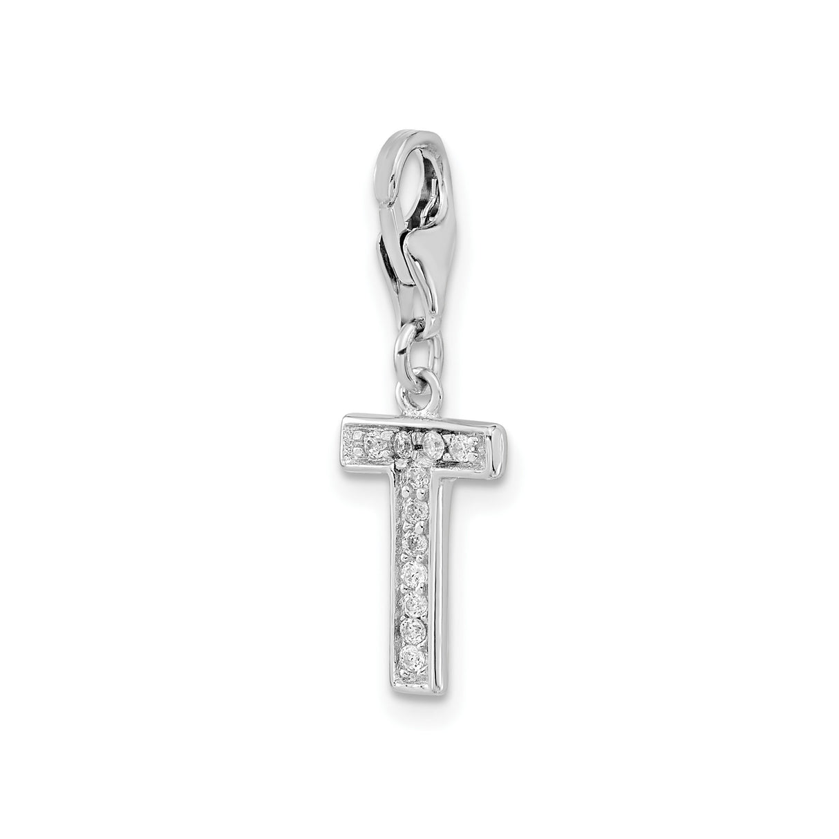 Sterling Silver Letter T Pendant Charm with Cubic Zirconia Accent