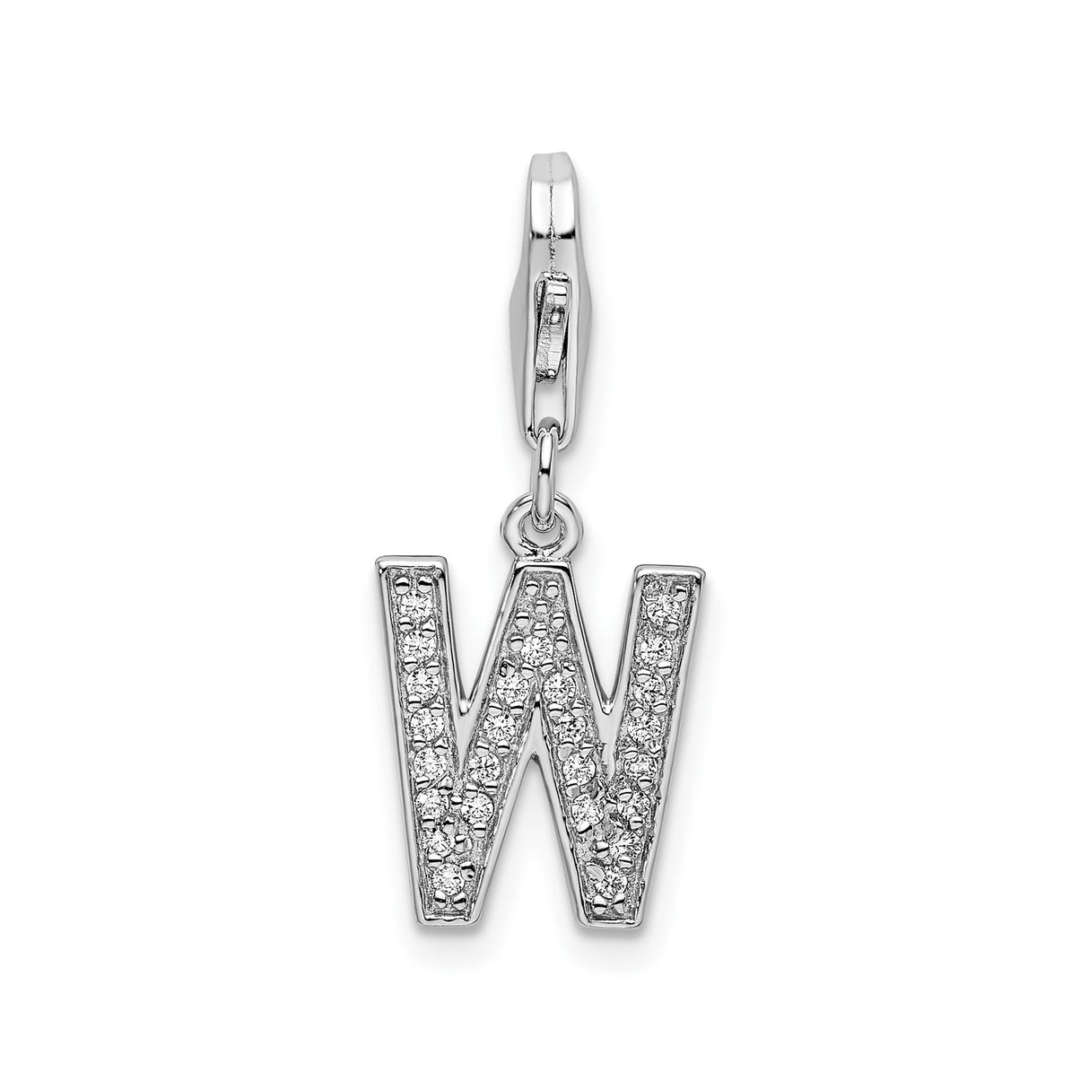Sterling Silver Letter W Charm Pendant with Cubic Zirconia, Clip-On Monogram Jewelry