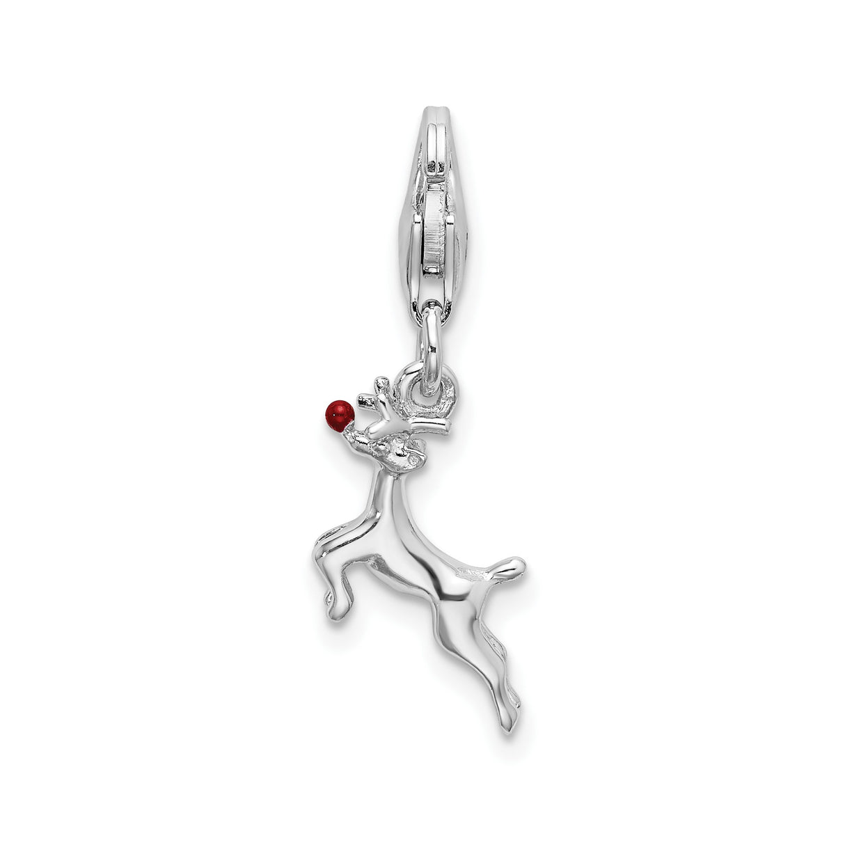 Sterling Silver Reindeer Charm Pendant, Red Nose Holiday Theme, Clip-On Christmas Jewelry
