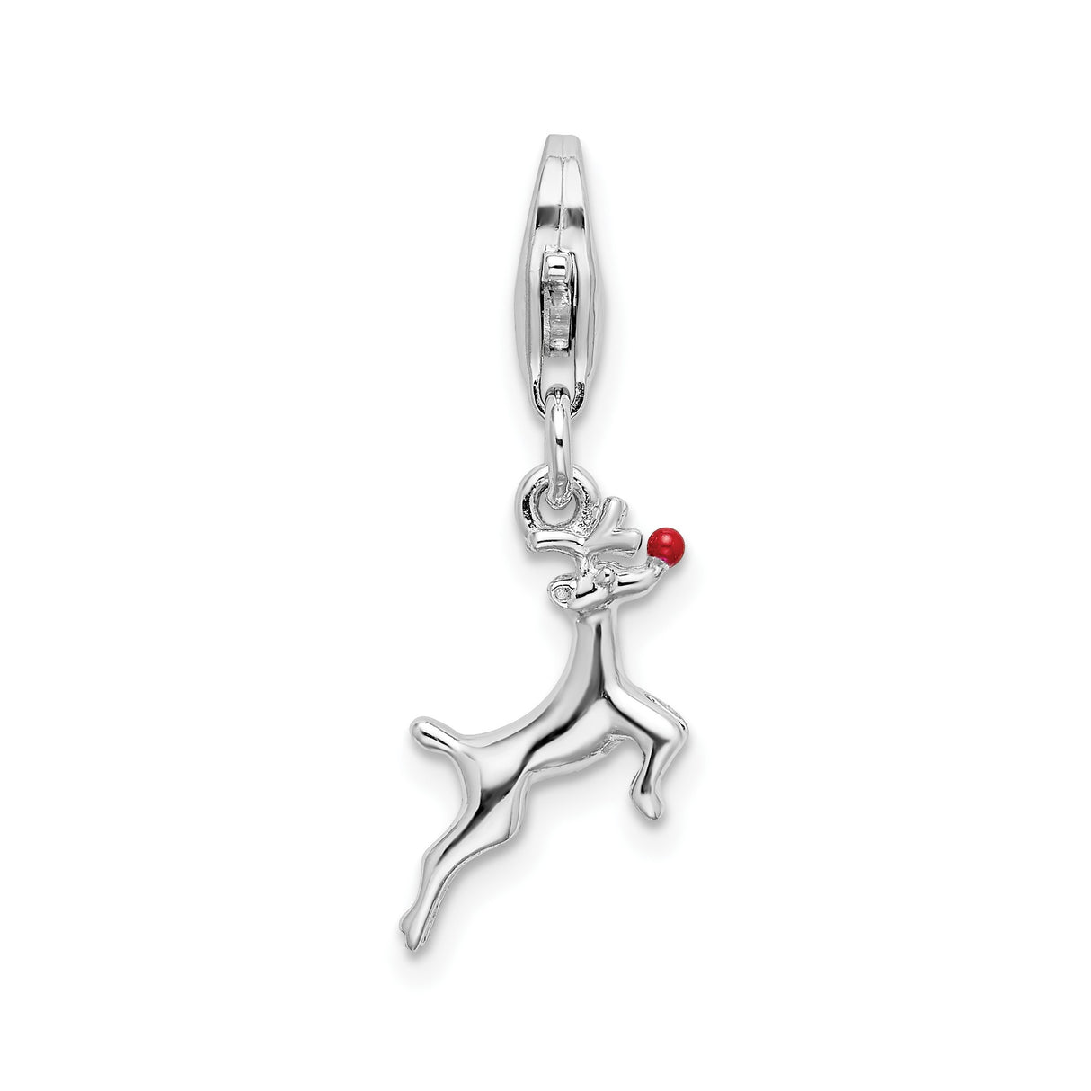 Sterling Silver Reindeer Charm Pendant, Red Nose Holiday Theme, Clip-On Christmas Jewelry