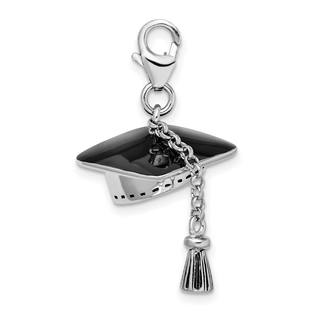 Black Enamel 3-D Graduation Cap with Tassel Clip-On Charm Pendant in Real 925 Sterling Silver