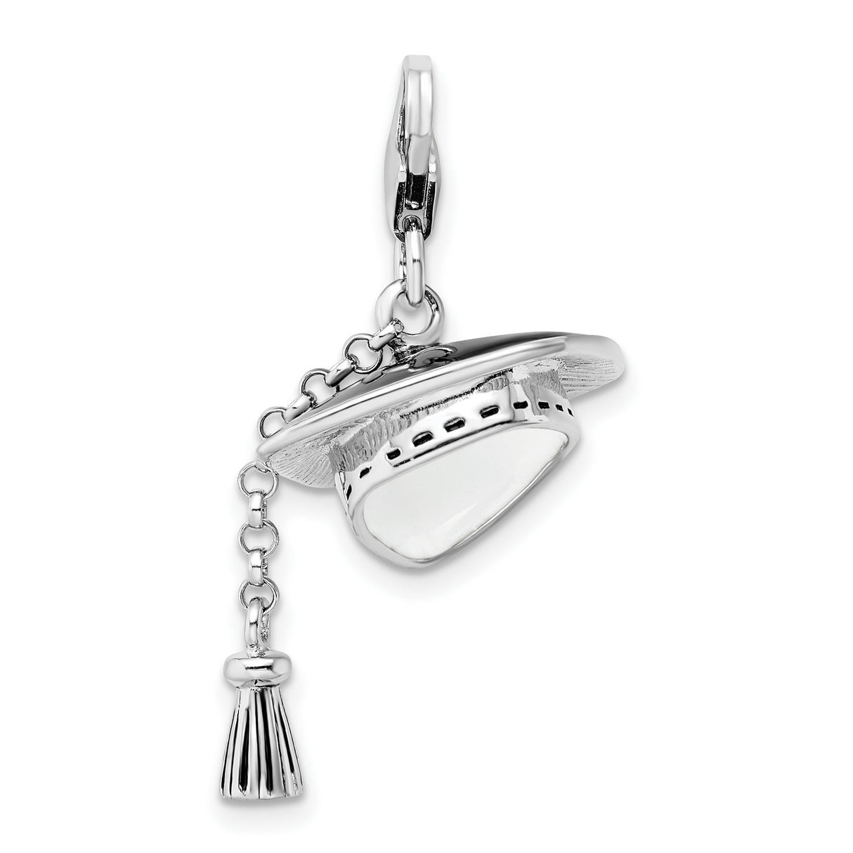 Black Enamel 3-D Graduation Cap with Tassel Clip-On Charm Pendant in Real 925 Sterling Silver