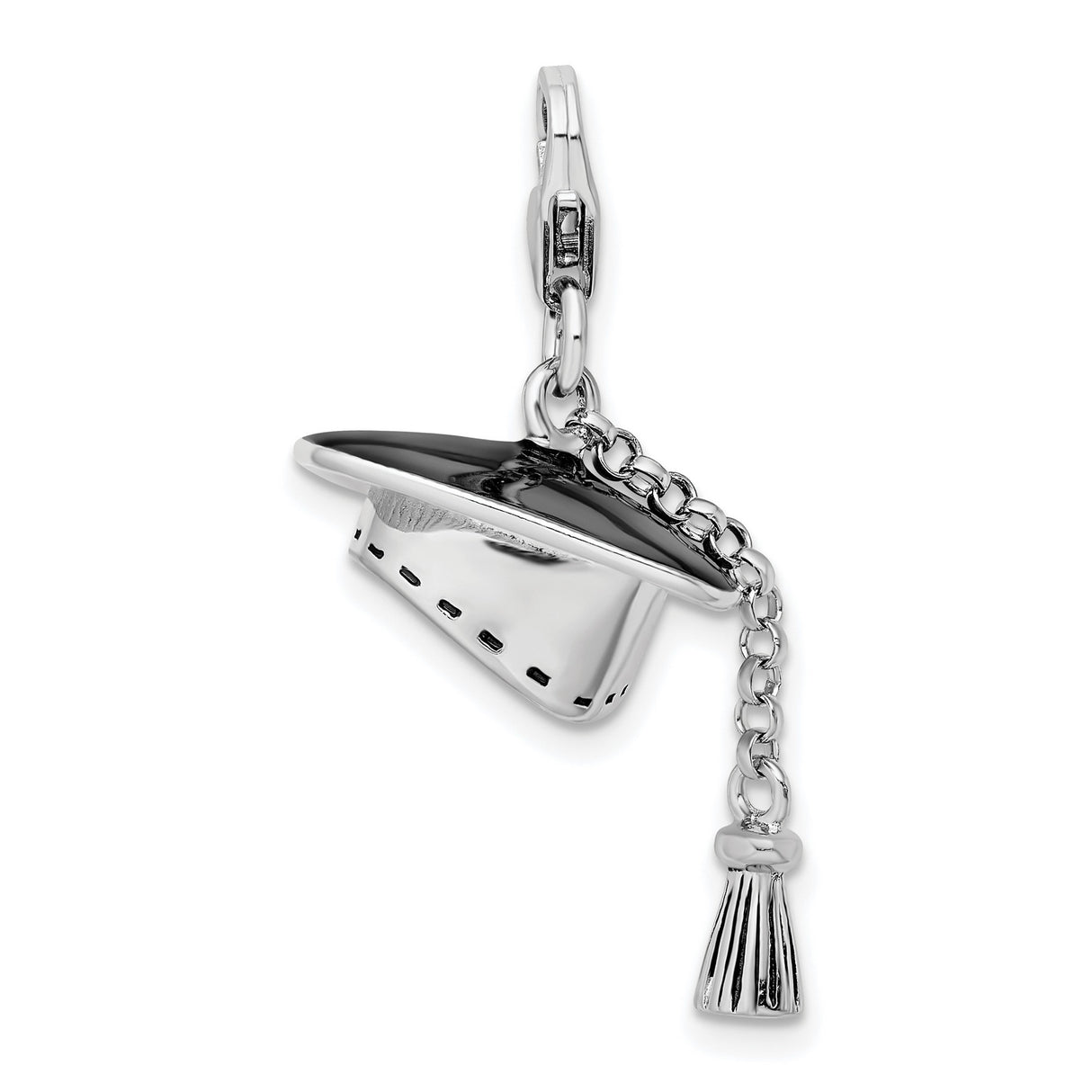Black Enamel 3-D Graduation Cap with Tassel Clip-On Charm Pendant in Real 925 Sterling Silver