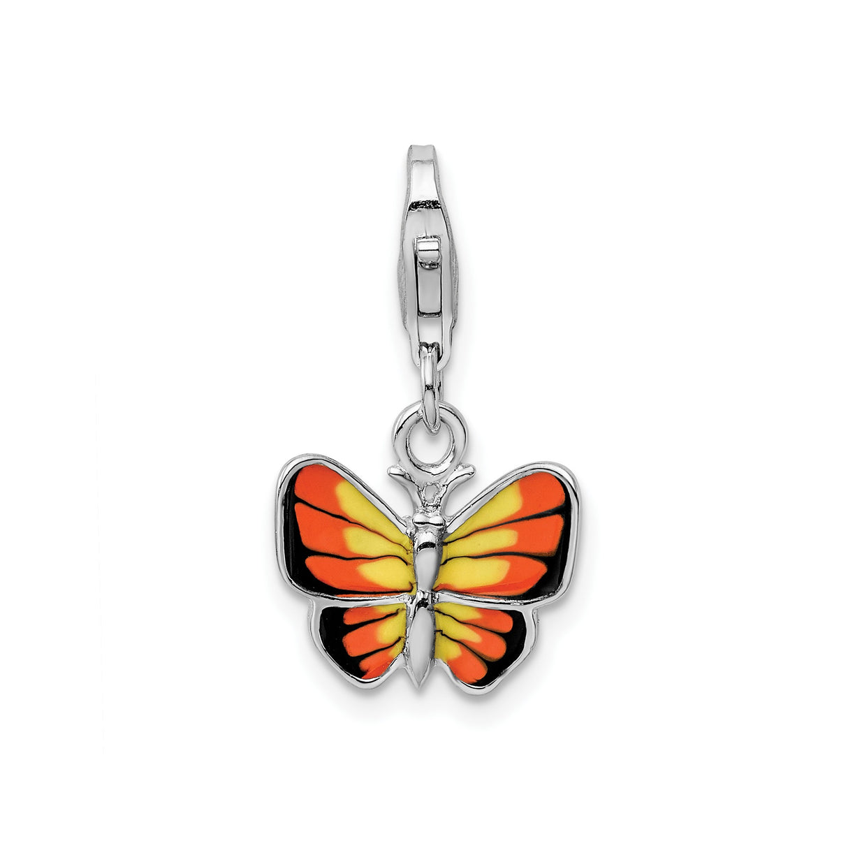 Sterling Silver Butterfly Charm with Orange and Black Enamel Wings, Lobster Clasp