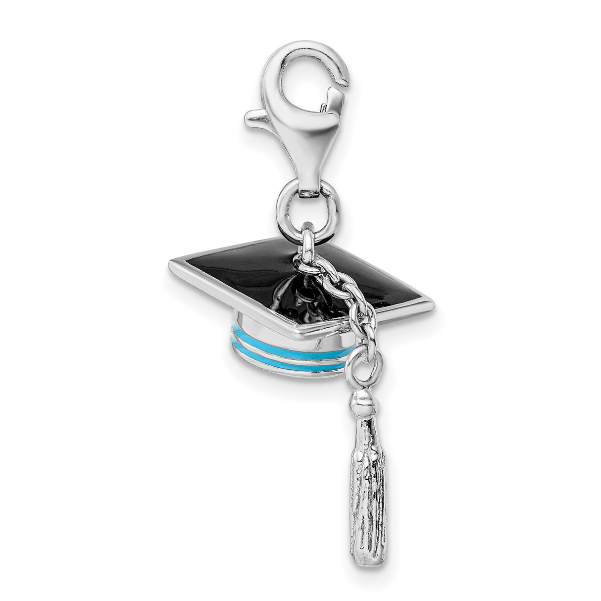 Blue Enamel 3-D Graduation Cap With Tassel Clip-On Charm Pendant in Real 925 Sterling Silver