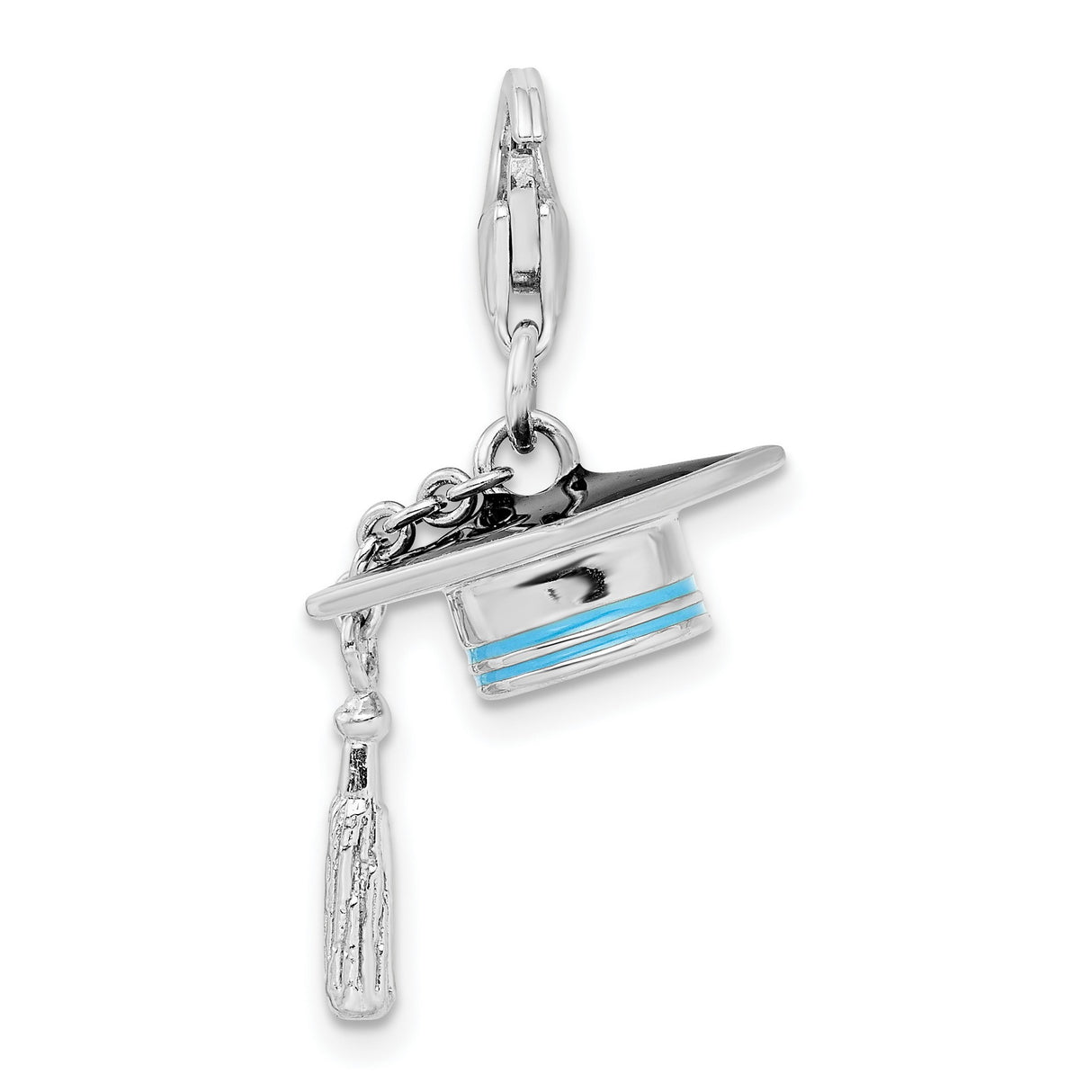 Blue Enamel 3-D Graduation Cap With Tassel Clip-On Charm Pendant in Real 925 Sterling Silver