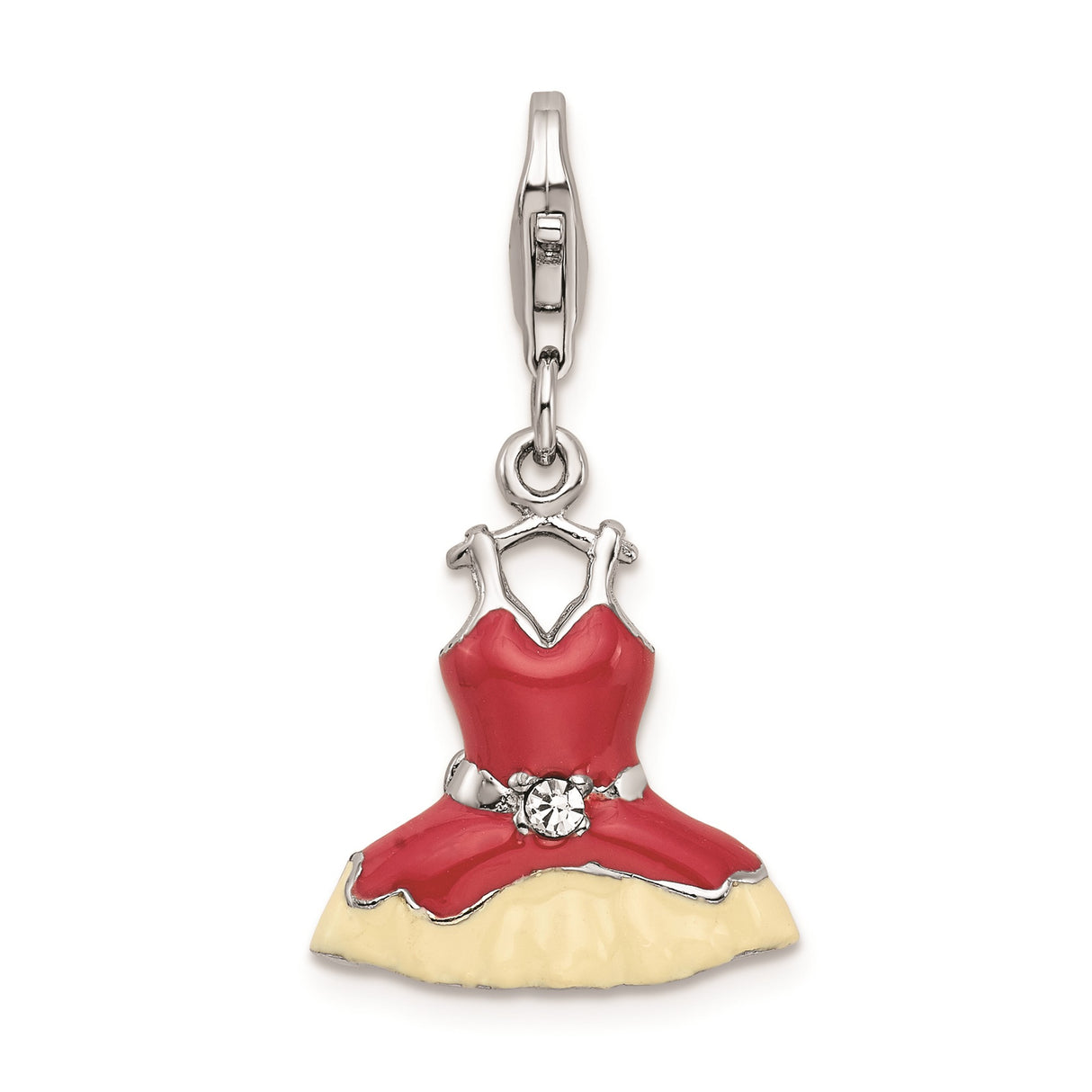 Sterling Silver Dress Charm Pendant with Crystal, Enamel Flowers and Ballerina Skirt Design