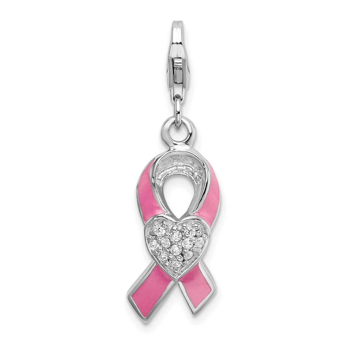 Sterling Silver Ribbon Charm Pendant with Cubic Zirconia Heart, Pink Enamel, Breast Cancer Awareness