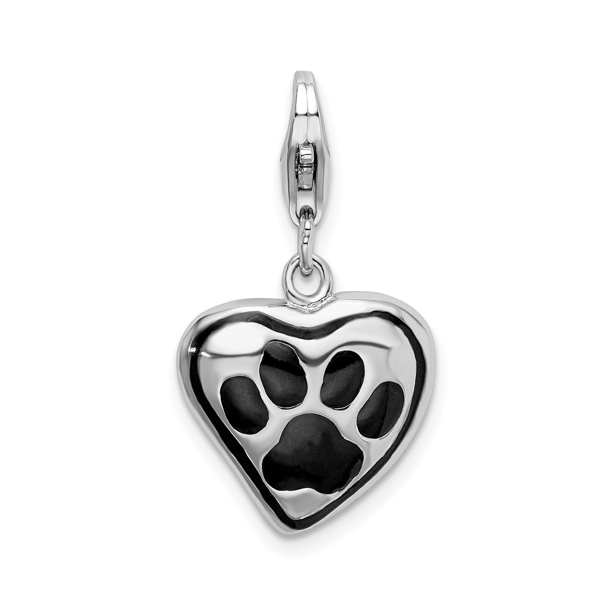 Sterling Silver Heart Paw Charm with Black Enamel, Pet Memorial Jewelry for Dog or Cat Lovers