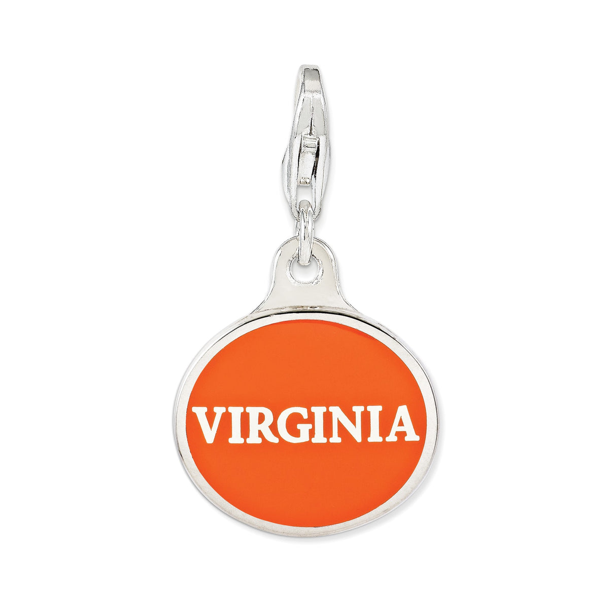 Sterling Silver Virginia Pendant with Round Orange Enamel, Bold Lettering Design