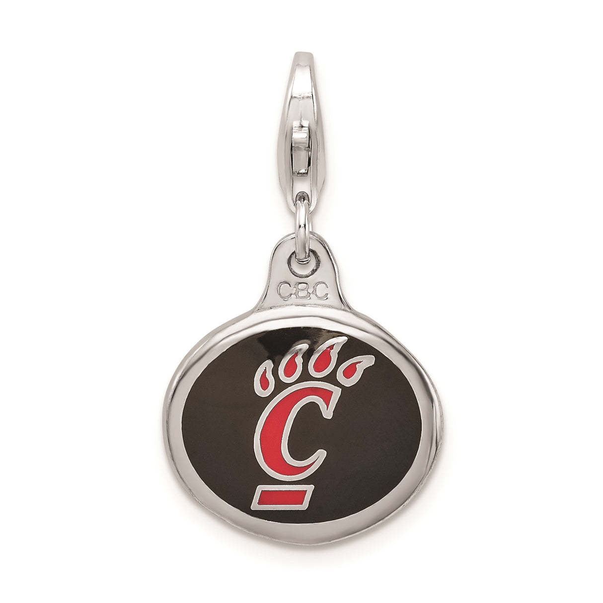Sterling Silver University of Cincinnati Pendant with Red C Claw Logo on Black Enamel