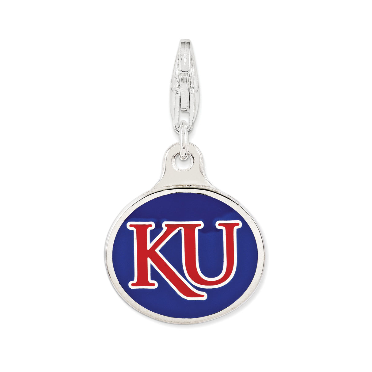 Sterling Silver Kansas State Charm Pendant with Blue Enamel Background and Bold Lettering