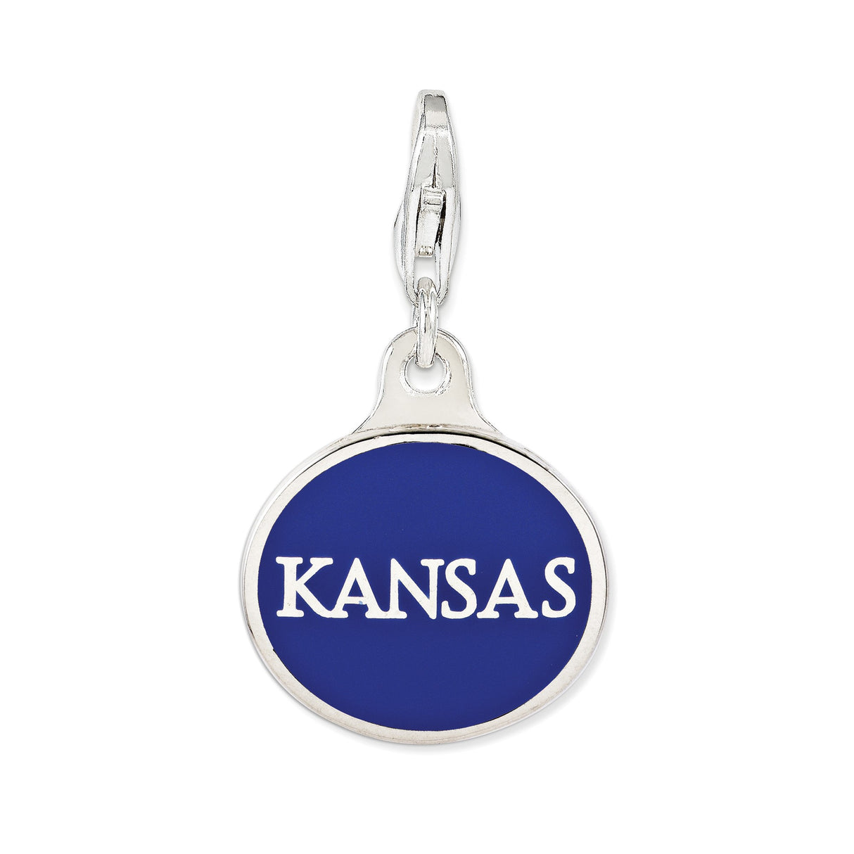 Sterling Silver Kansas State Charm Pendant with Blue Enamel Background and Bold Lettering