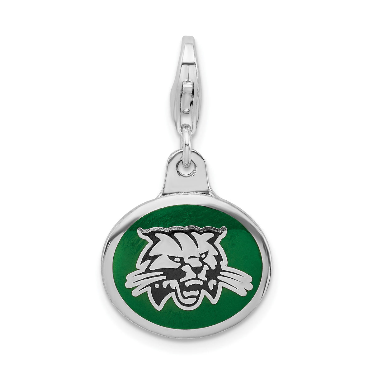 Sterling Silver Wildcat Mascot Charm with Green Enamel Background