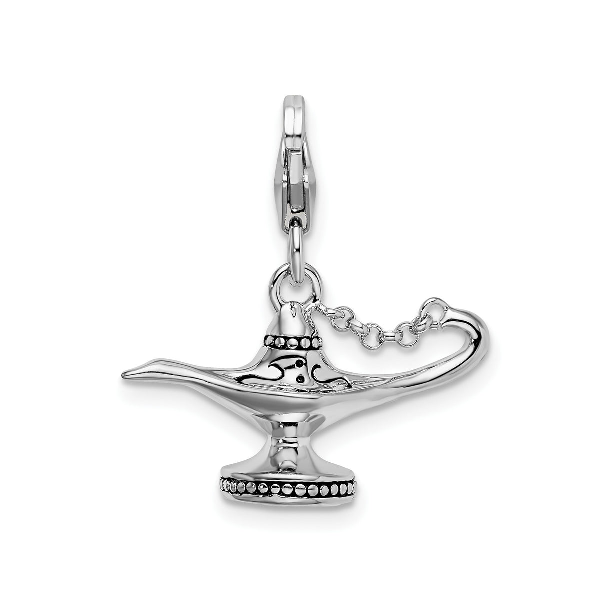 Sterling Silver Genie Lamp Charm Pendant with Beaded Pattern and Chain Detail