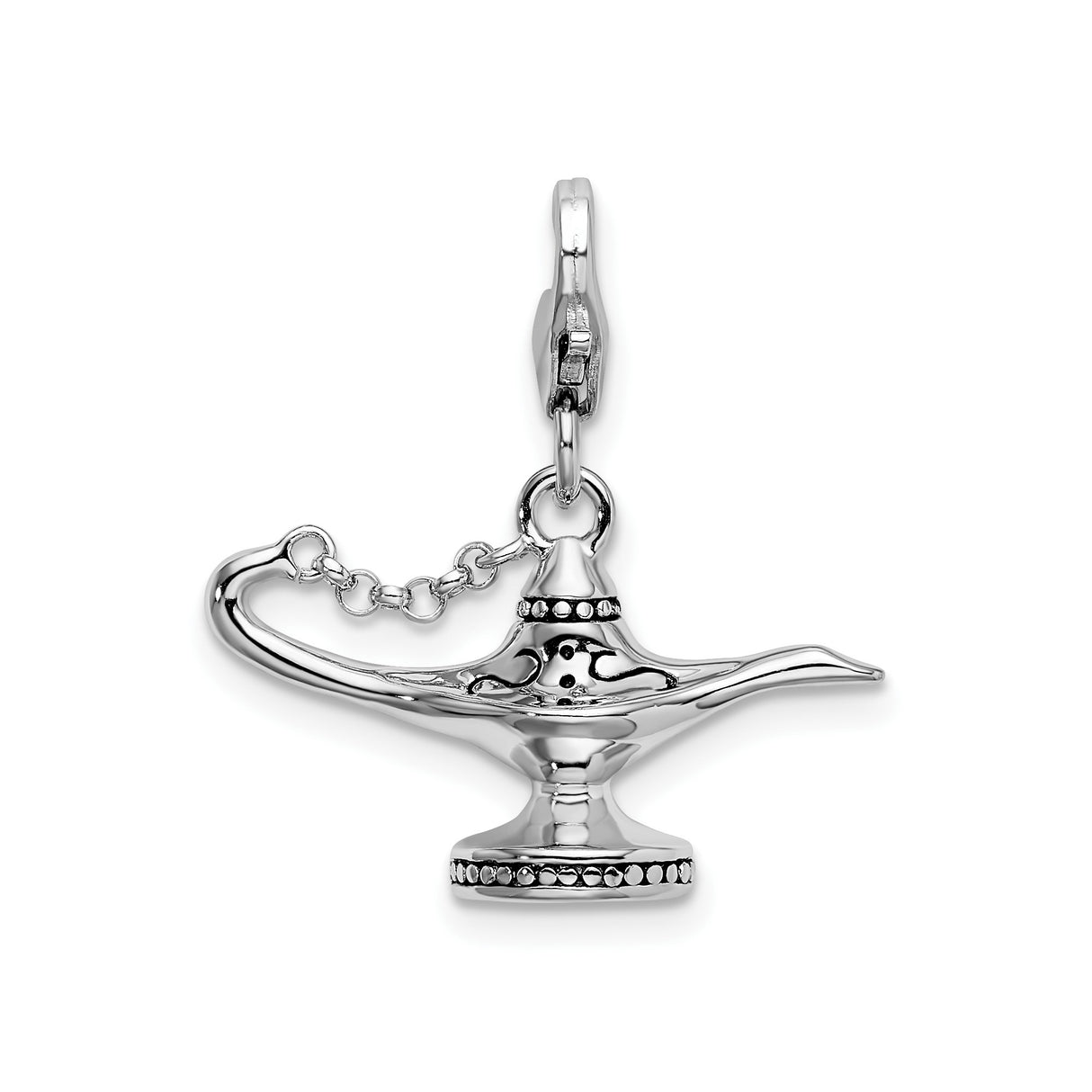 Sterling Silver Genie Lamp Charm Pendant with Beaded Pattern and Chain Detail
