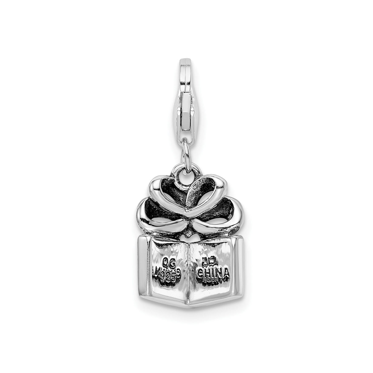 Sterling Silver Box Charm Pendant with Crystal, Yellow Gemstone Accent, Striped Enamel, Bow Design