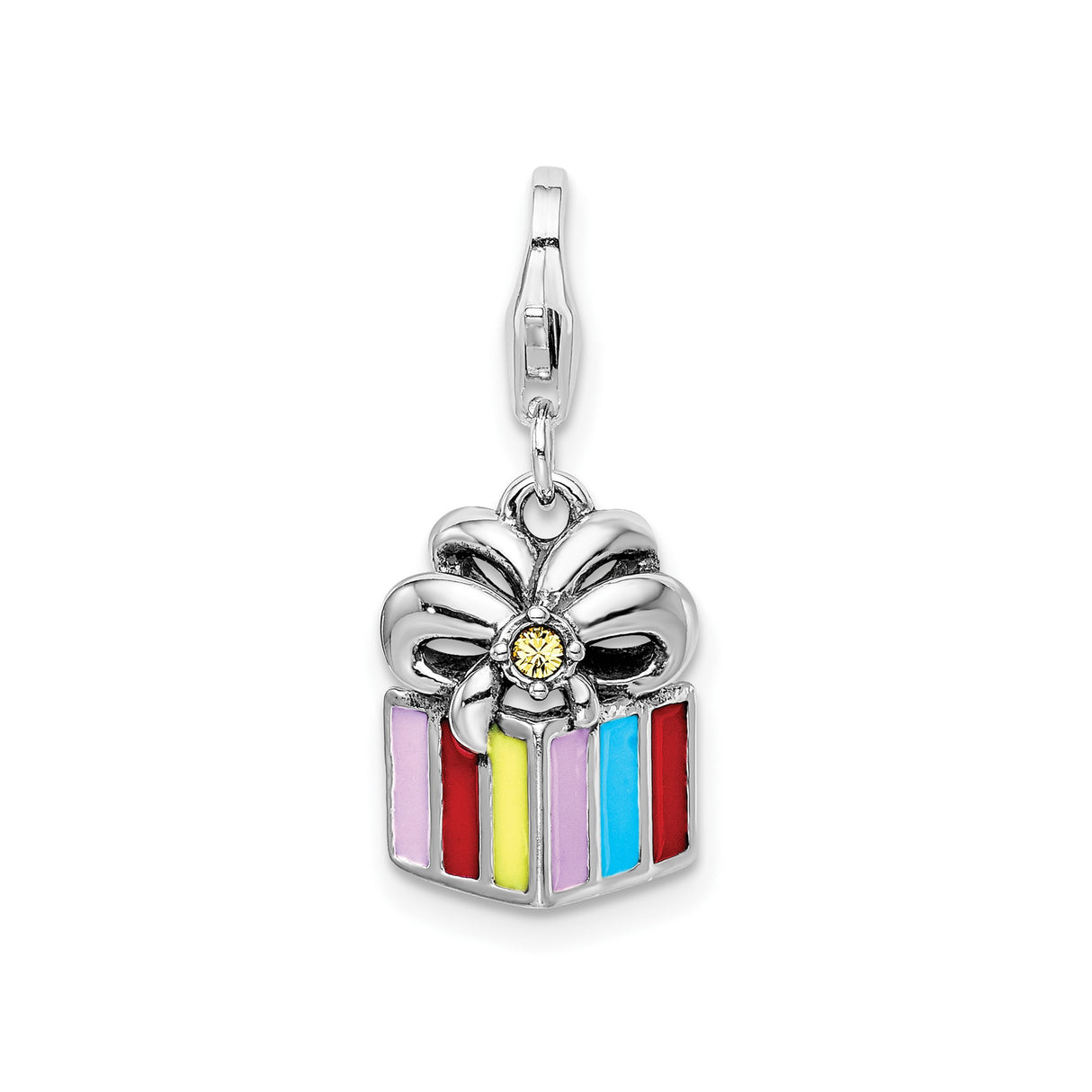 Sterling Silver Box Charm Pendant with Crystal, Yellow Gemstone Accent, Striped Enamel, Bow Design