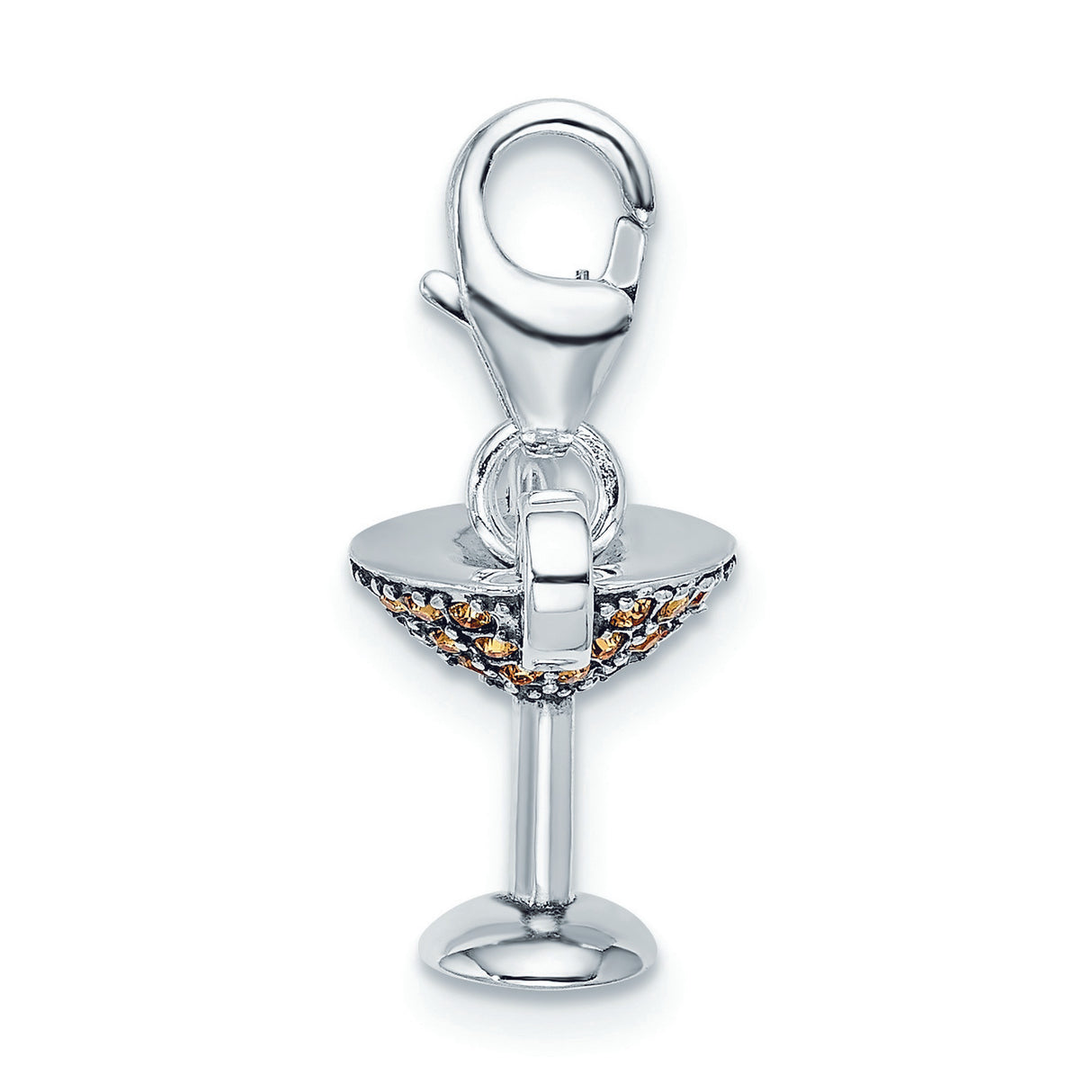 Sterling Silver Cocktail Glass Pendant Charm with Amber Crystal and Citrus Slice Accent