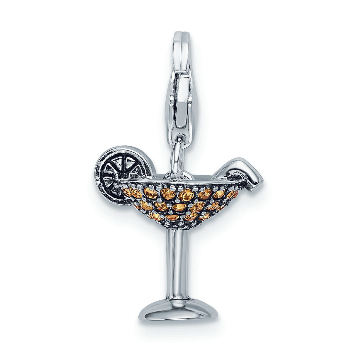 Sterling Silver Cocktail Glass Pendant Charm with Amber Crystal and Citrus Slice Accent