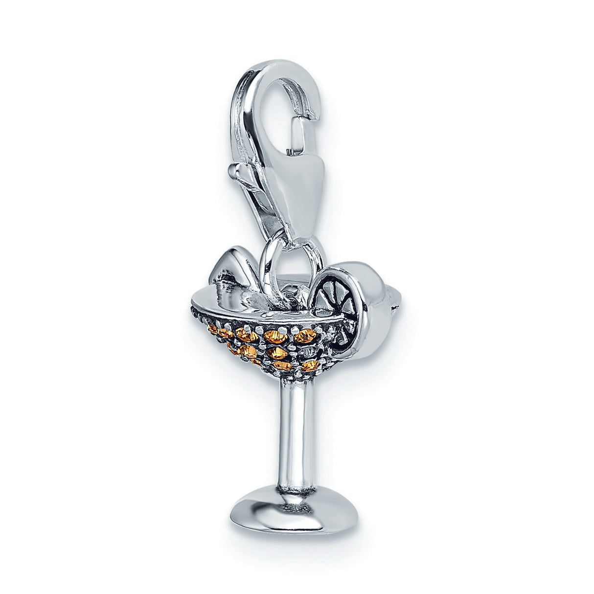 Sterling Silver Cocktail Glass Pendant Charm with Amber Crystal and Citrus Slice Accent