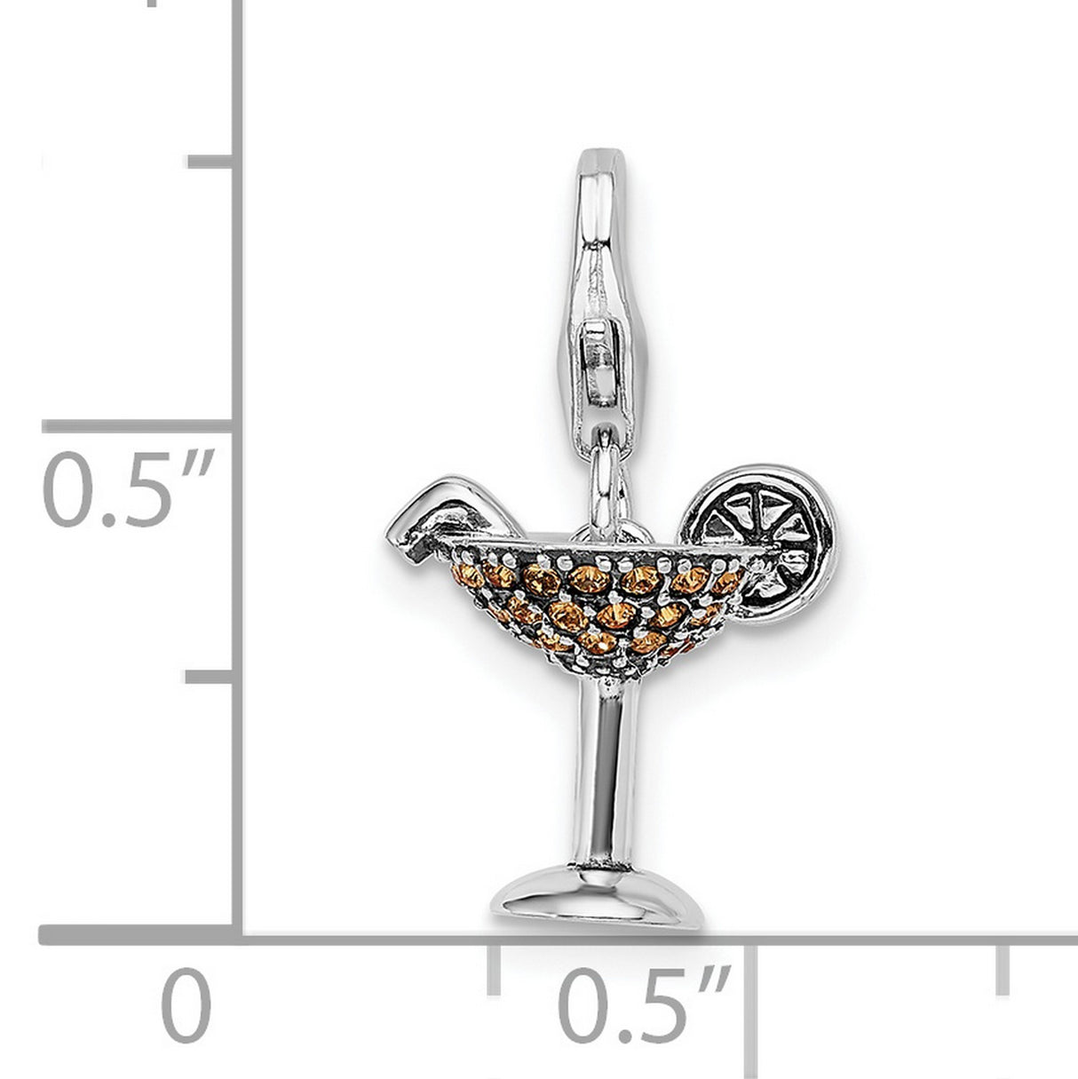 Sterling Silver Cocktail Glass Pendant Charm with Amber Crystal and Citrus Slice Accent