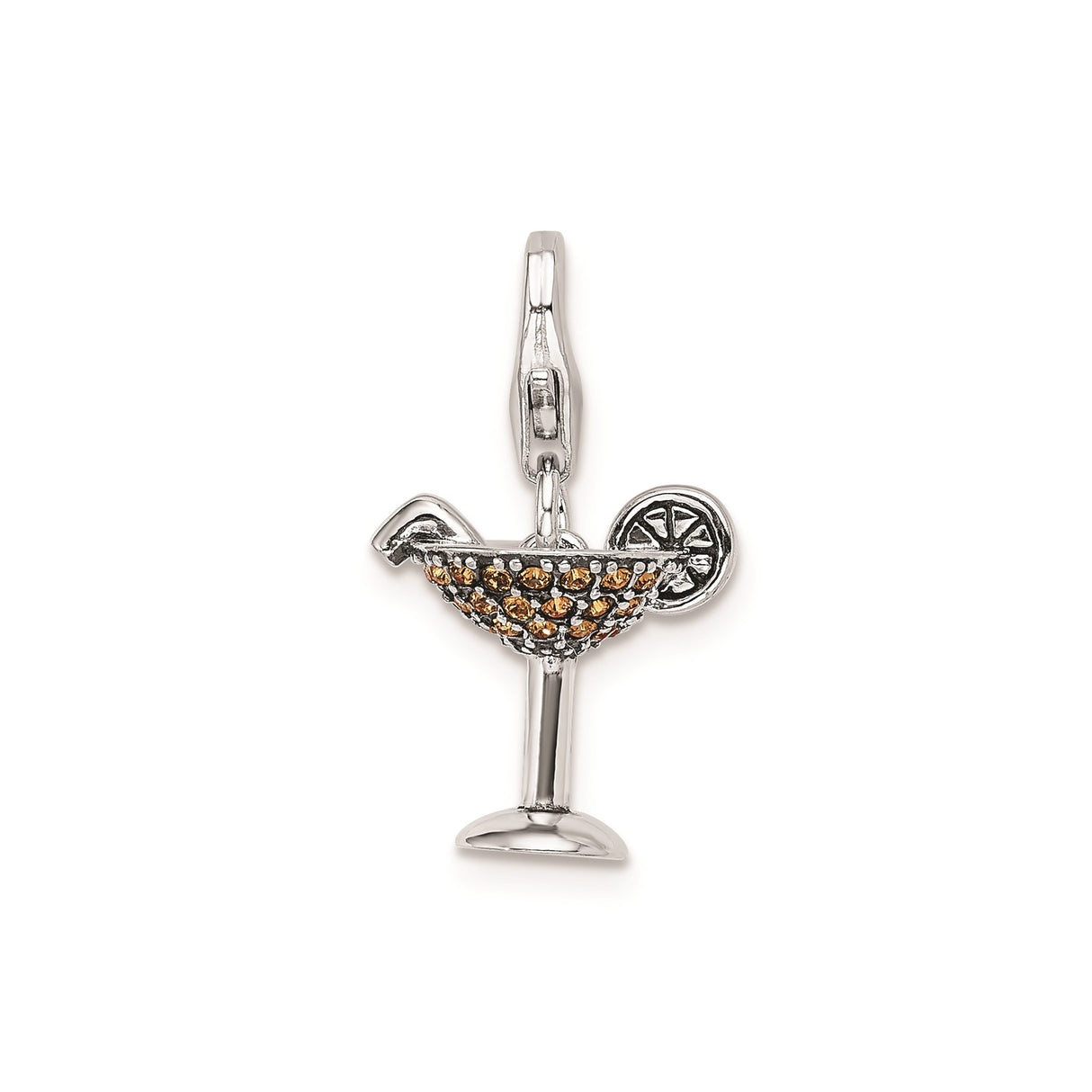 Sterling Silver Cocktail Glass Pendant Charm with Amber Crystal and Citrus Slice Accent