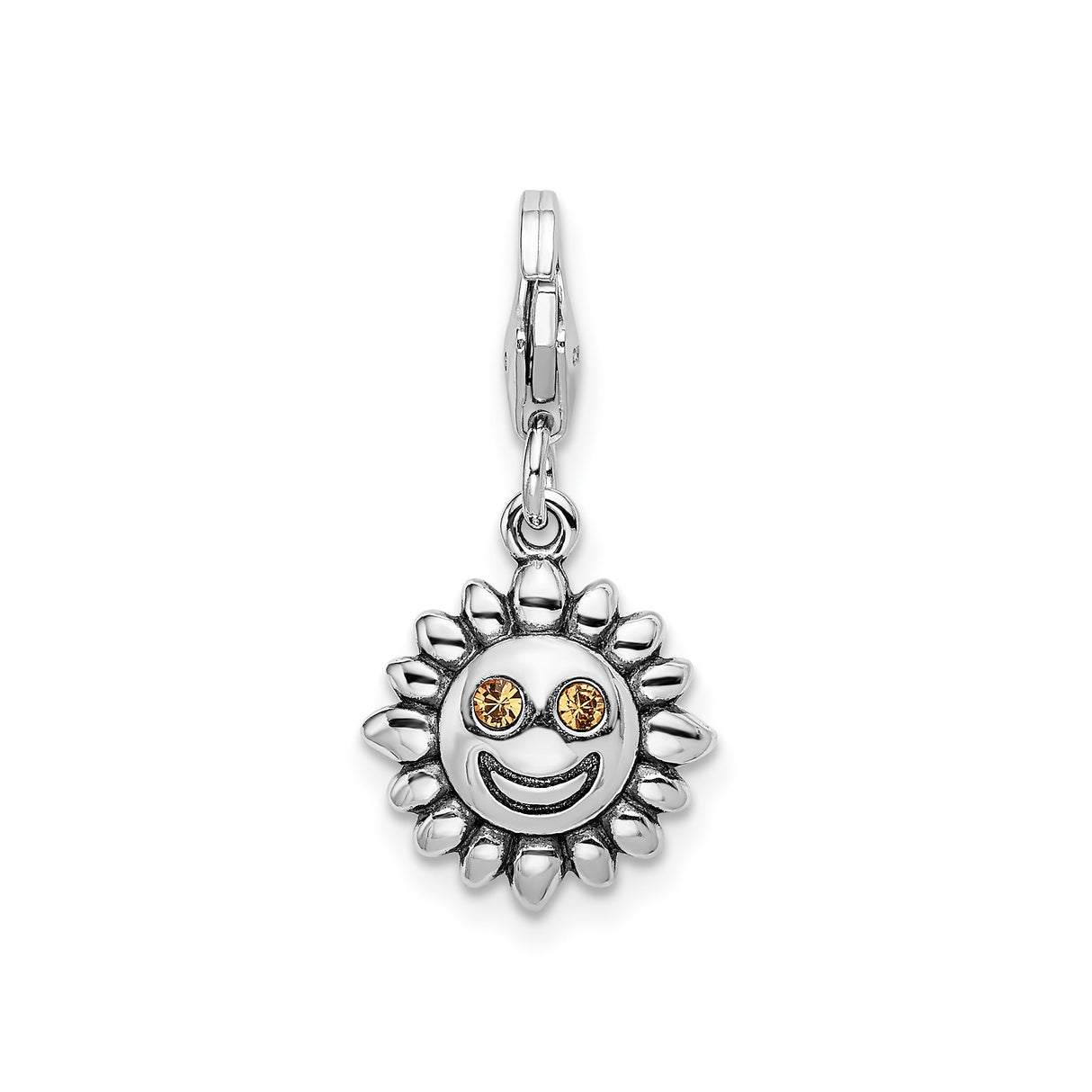 Sterling Silver Sun Charm Pendant with Smiling Face and Yellow Crystal Eyes