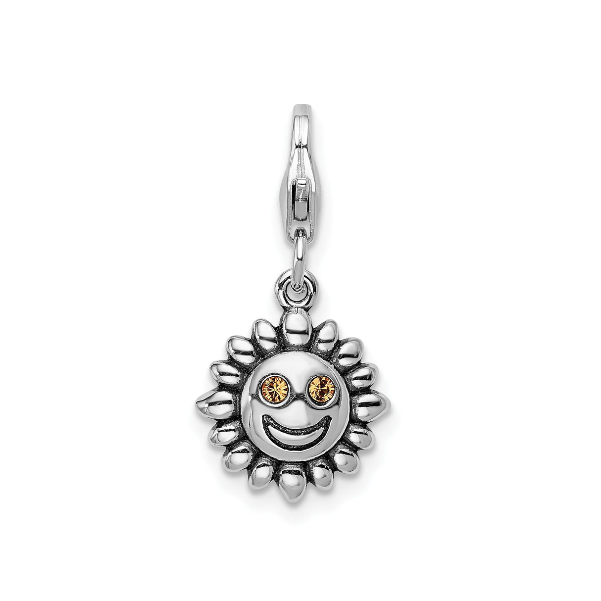 Sterling Silver Sun Charm Pendant with Smiling Face and Yellow Crystal Eyes