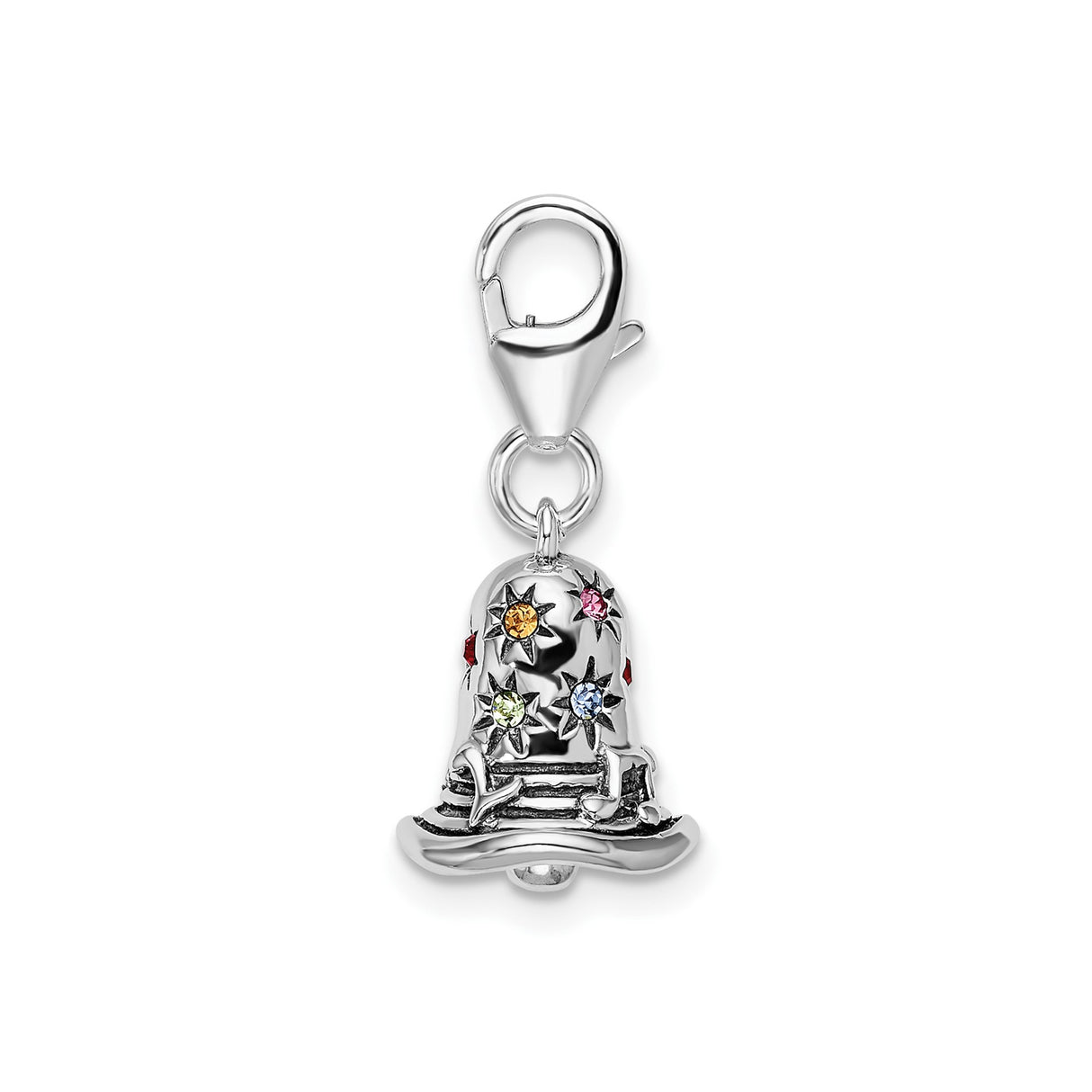 Sterling Silver Christmas Bell Charm with Multicolor Crystal Stars and Festive Bow Accent