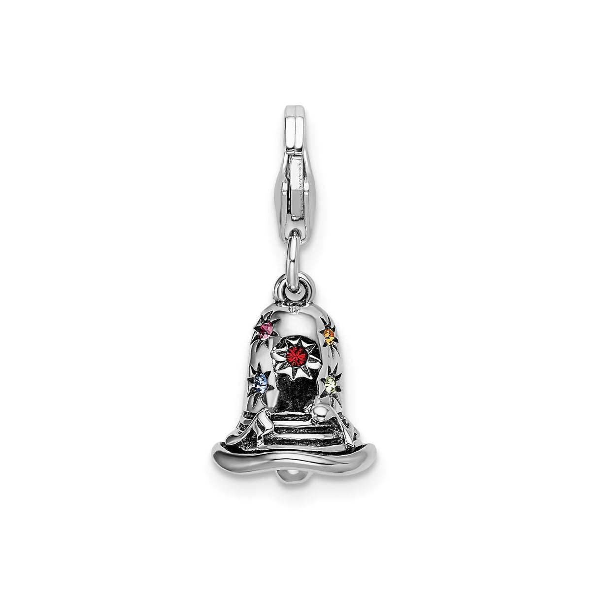 Sterling Silver Christmas Bell Charm with Multicolor Crystal Stars and Festive Bow Accent