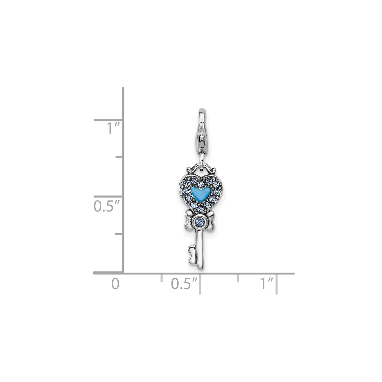 Sterling Silver Key Pendant with Blue Crystal, Heart and Enamel Design