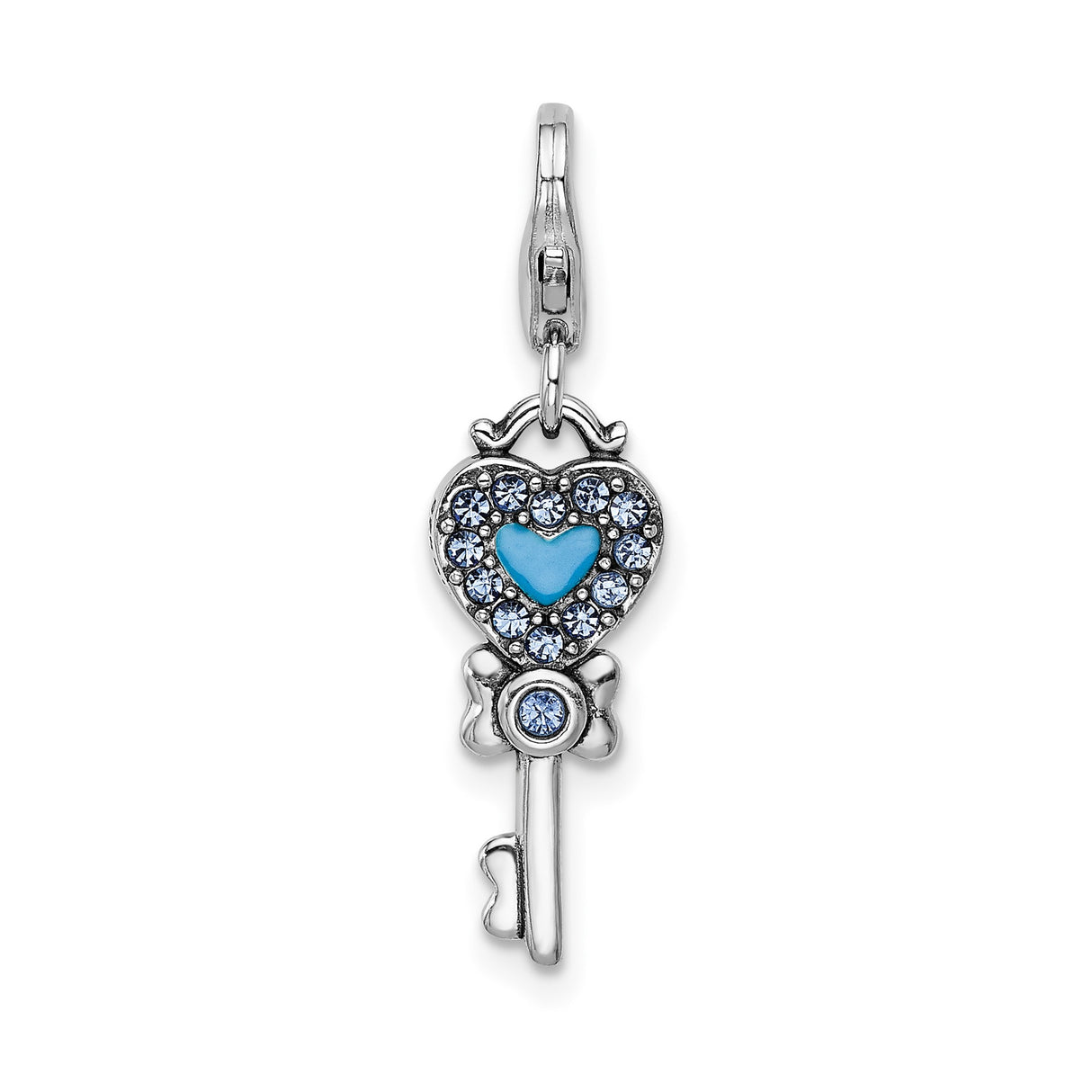 Sterling Silver Key Pendant with Blue Crystal, Heart and Enamel Design