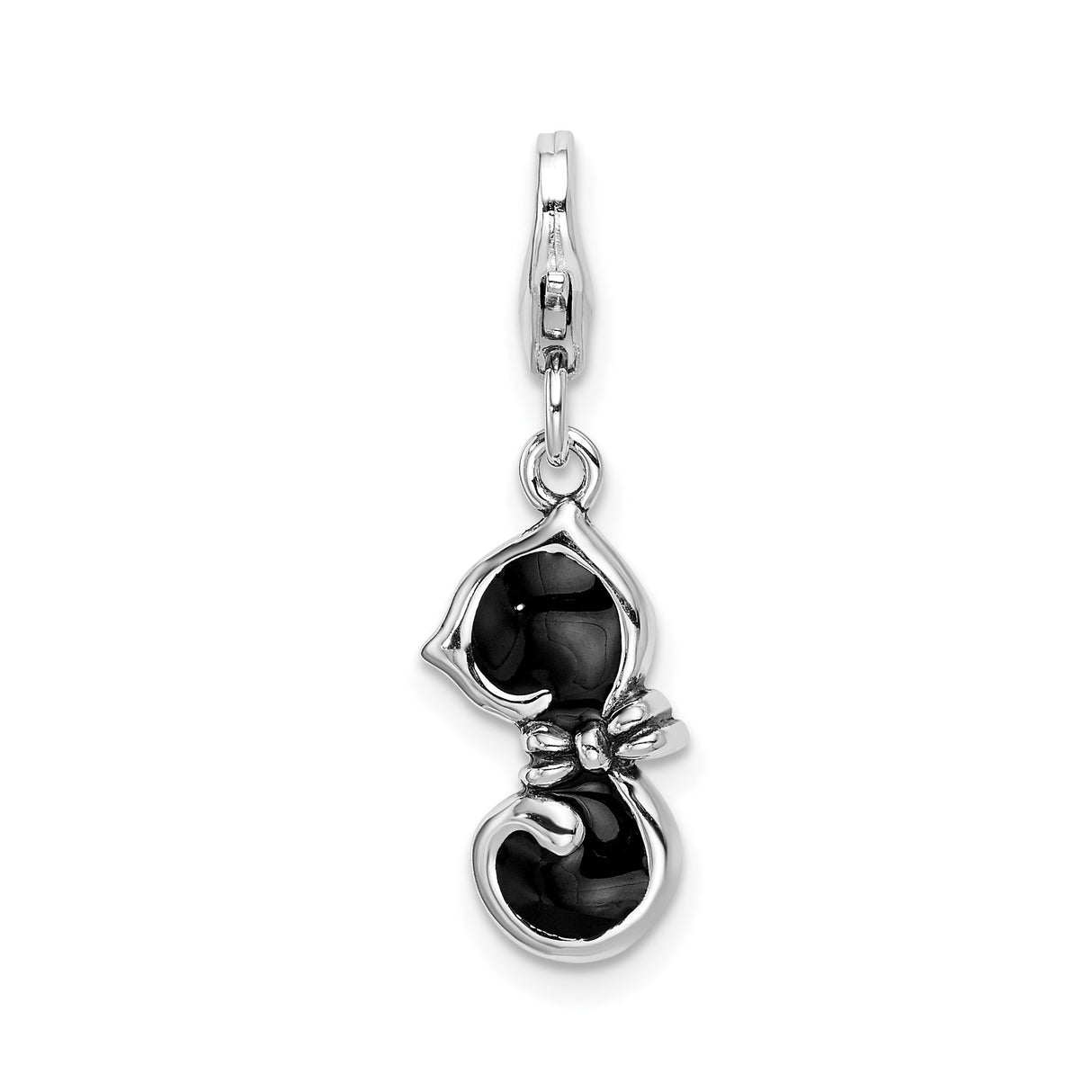 Sterling Silver Cat Charm Pendant with Black Enamel and Bow Detail, Stylized Feline Design