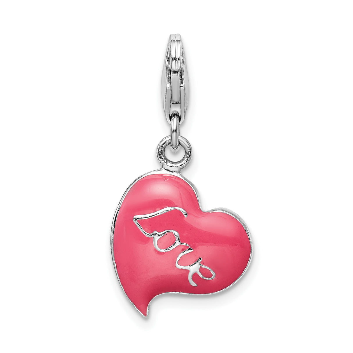 Sterling Silver Heart Charm with Pink Enamel and Love Script, Romantic Pendant for Women