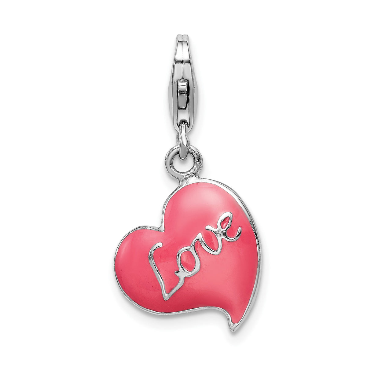 Sterling Silver Heart Charm with Pink Enamel and Love Script, Romantic Pendant for Women