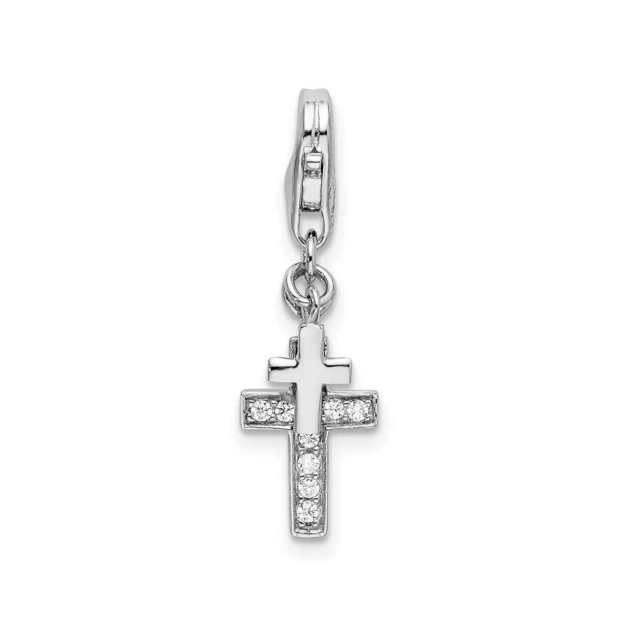 Sterling Silver Cross Pendant with Polished Cubic Zirconia, Modern Christian Design