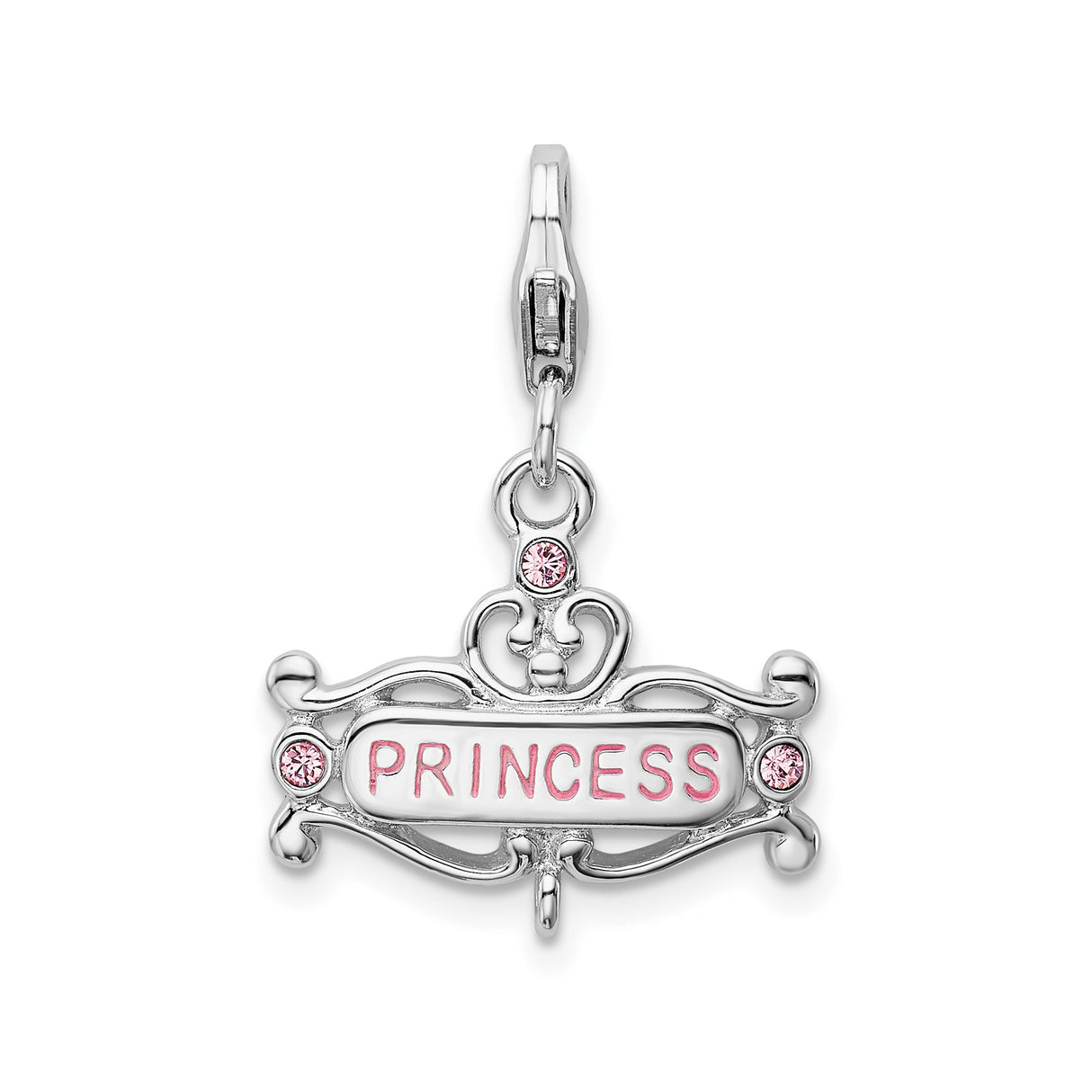 Sterling Silver Charm Pendant with Cubic Zirconia, Princess Crown Design, Pink Enamel Accents