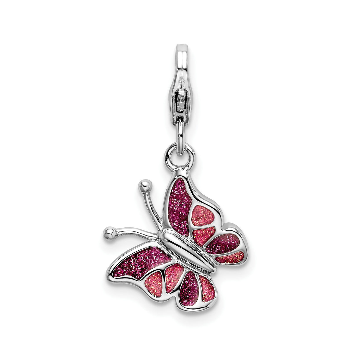 Sterling Silver Butterfly Charm with Pink Glitter Enamel Wings, Feminine and Whimsical Design
