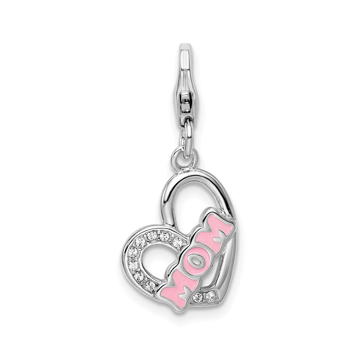 Sterling Silver Mom Charm with Intertwined Hearts, Pink Enamel and Crystal Accents