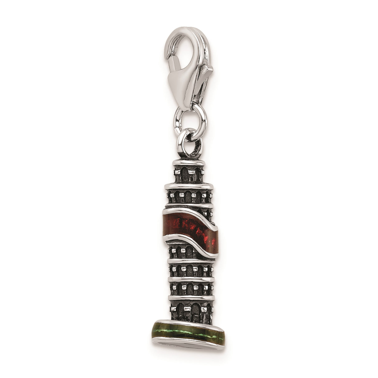 Sterling Silver Pendant with Leaning Tower of Pisa Design and Red and Green Enamel Accents